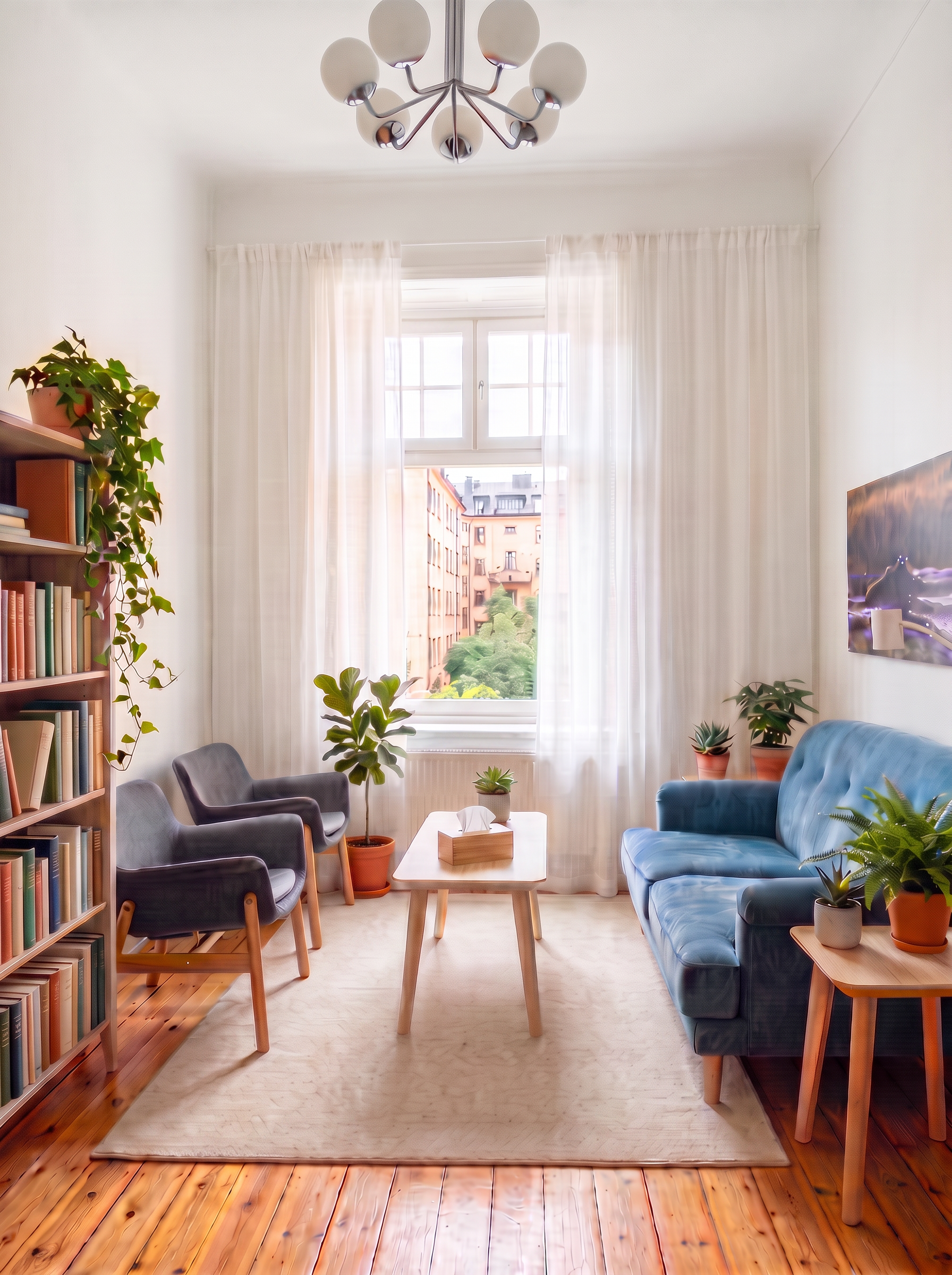 Lugnt mottagningsrum med soffa, fåtöljer och mjukt dagsljus